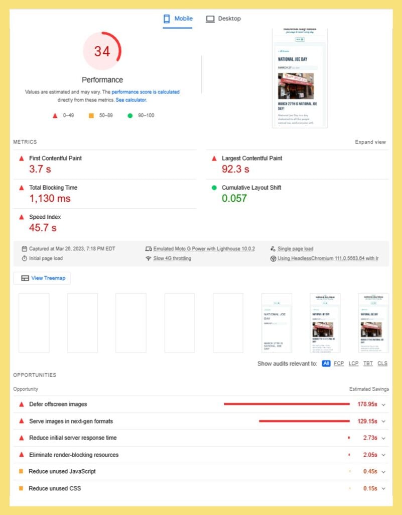 Google Page Speed Insight result before using BigScoots Performance Package
