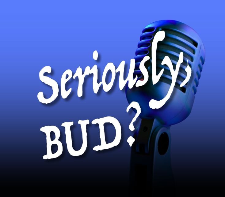 seriously bud logo with podcast microphone