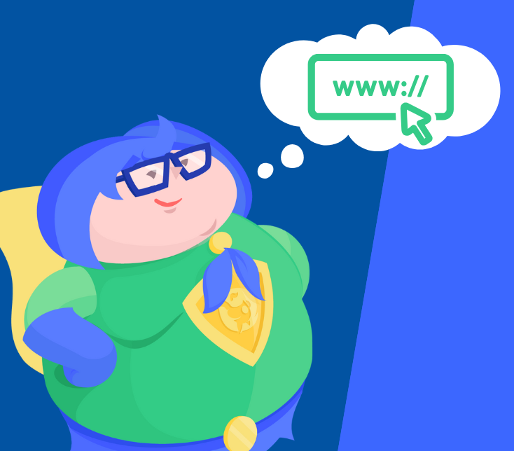 female bigscoots mascot thinking about web addresses