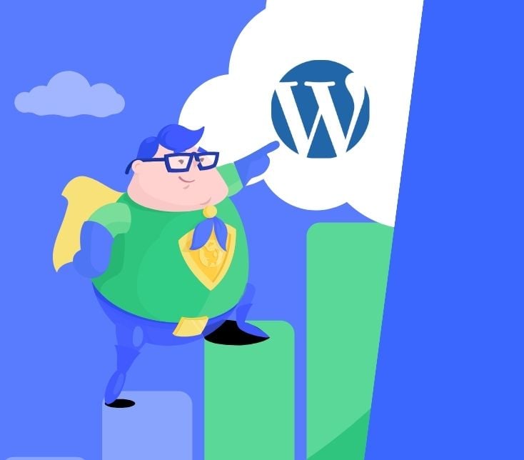 BigScoots mascot proudly stands on a rising bar chart of web traffic, pointing to WordPress and thinking of success