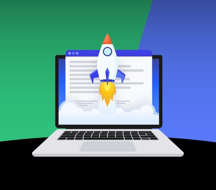 rocket on laptop representing speed of page load with logged-in user cache feature